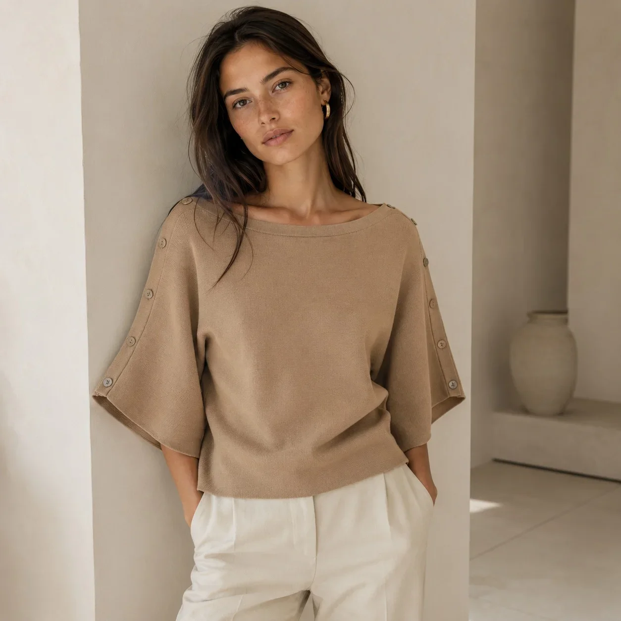 Women Button Slit Knit Top Elegant Boat Neck Batwing Sleeve Sweater Solid Color Slim Waist Pullover Y2K Fashion Streetwear