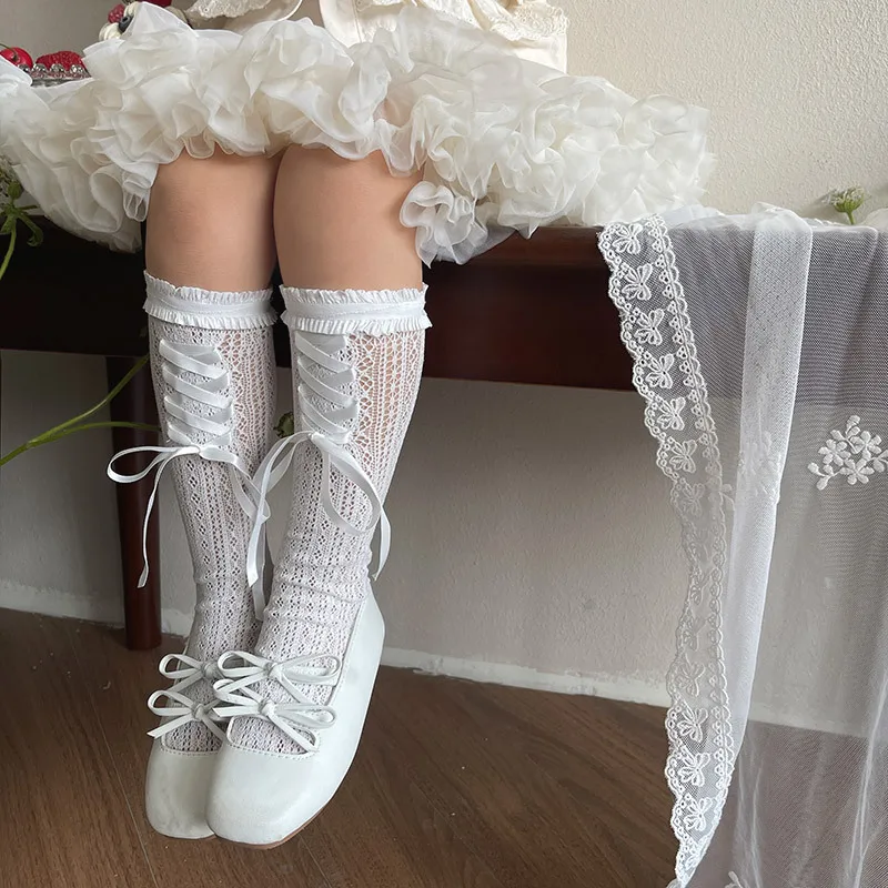 Spring Summer New Ballet Style Lace Ribbon Tie Mid-Calf Slouchy Socks for Girls Kids Baby Students Sweet Breathable Mesh Sock