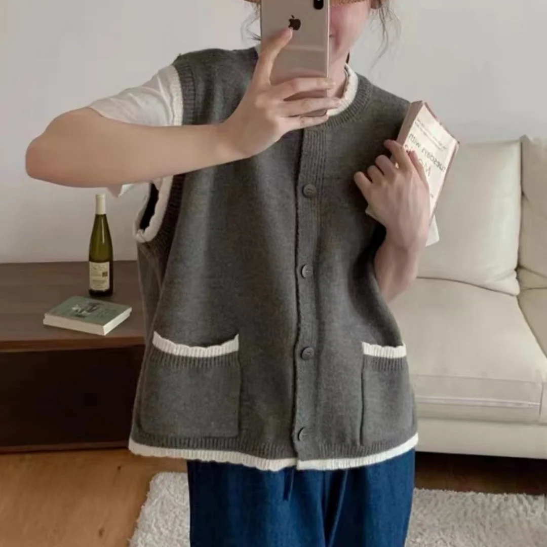 

Свободный вязаный жилет для женщин, весна-осень, в корейском стиле, с эффектом омоложения, многослойный, с цветочным кружевом и круглым вырезом