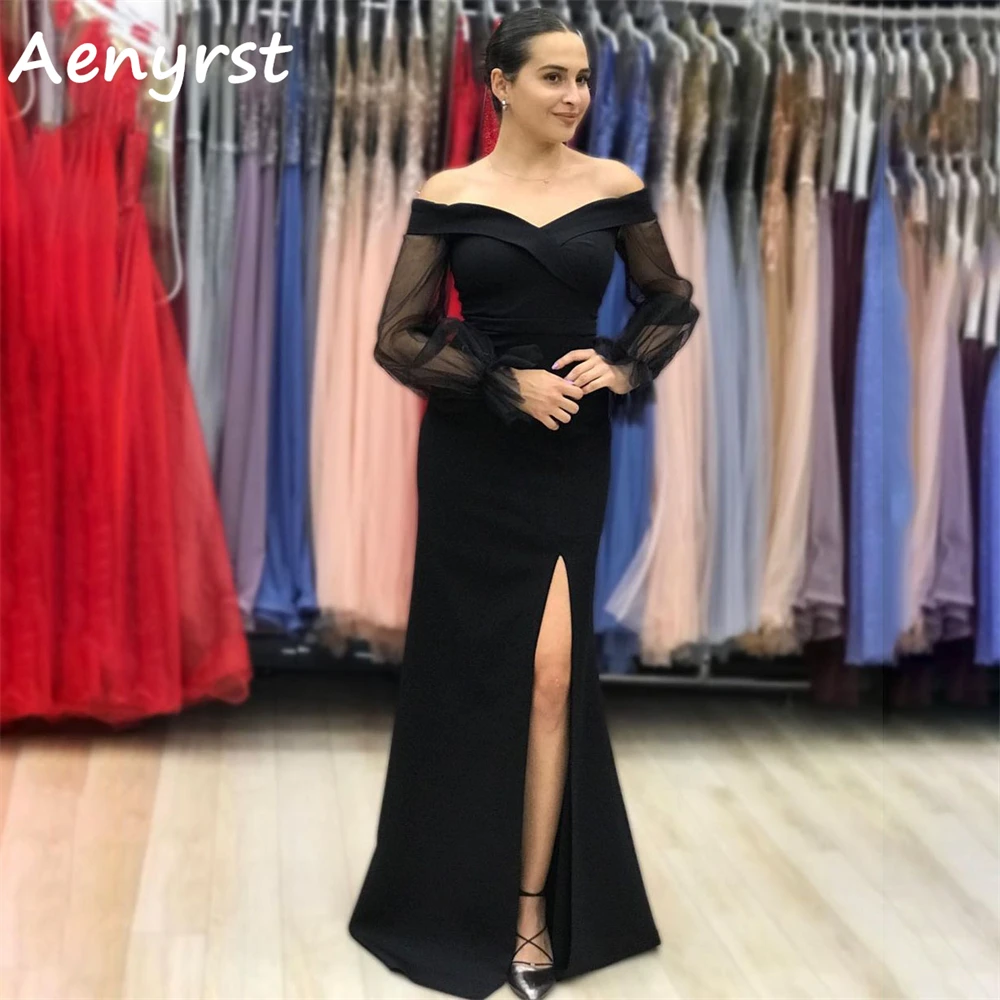 

Aenyrst Black Off Shoulder Long Sleeve Prom Dresses V Neck customized Split Evening Gowns Floor Length Formal Occasion Dress