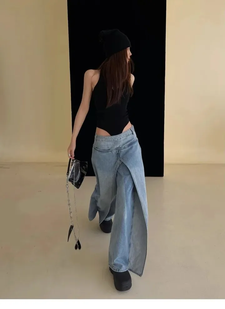 ZHISILAO Fake 2 Pics High Waist A-line Denim Jeans Women Patchwork Loose Baggy Streetwear Denim Pants Chic