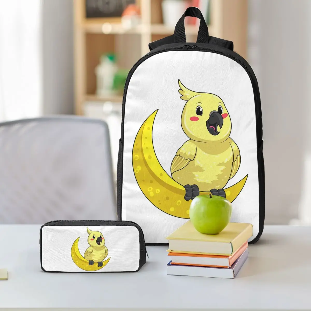 Cockatoo Cockatiel Parrot With Moon Backpack Student BookBag School Bag Shoulder Bags 3ps Insulated Lunch Bag Pencil Case