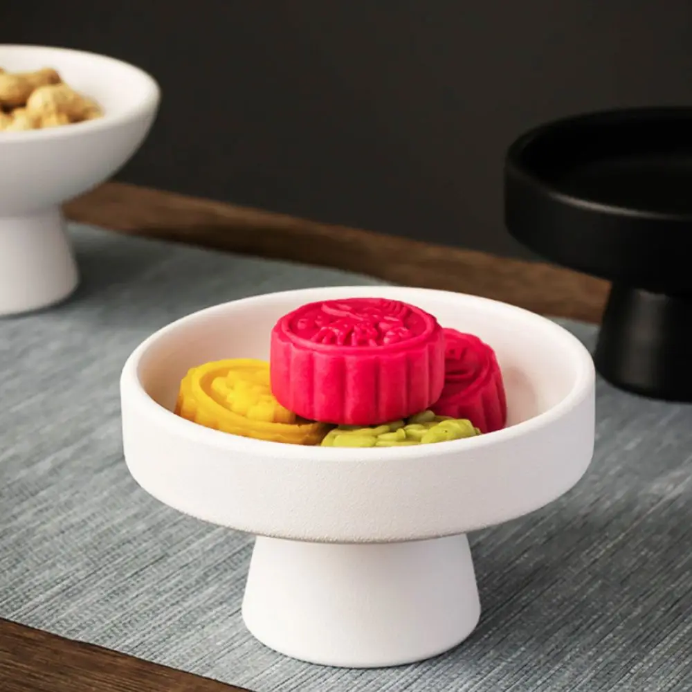 Classic Chinese Style Ceramics High Footed Fruit Tray Vintage Solid Color Dessert Plate Matte Texture Snack Tray Pudding