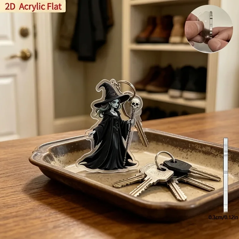 Halloween 2D Flat Acrylic Keychain Gothic Witch With Skull Staff Key Ring Horror Bag Pendant Decor Gift for Halloween Party