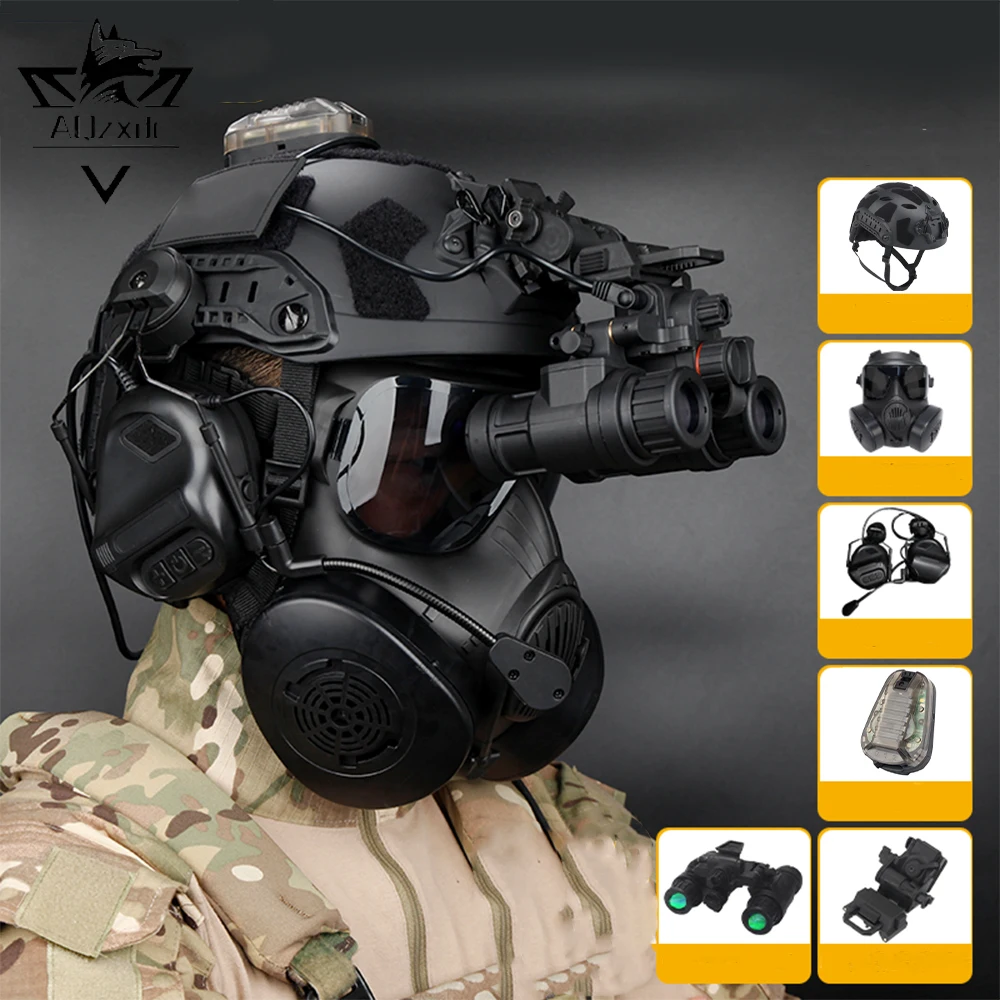

Tactical Gas Mask Helmet Set FAST Protective Helmet with Signal Light Headset NVG Model L4G24 Bracket for CS Cosplay Shooting