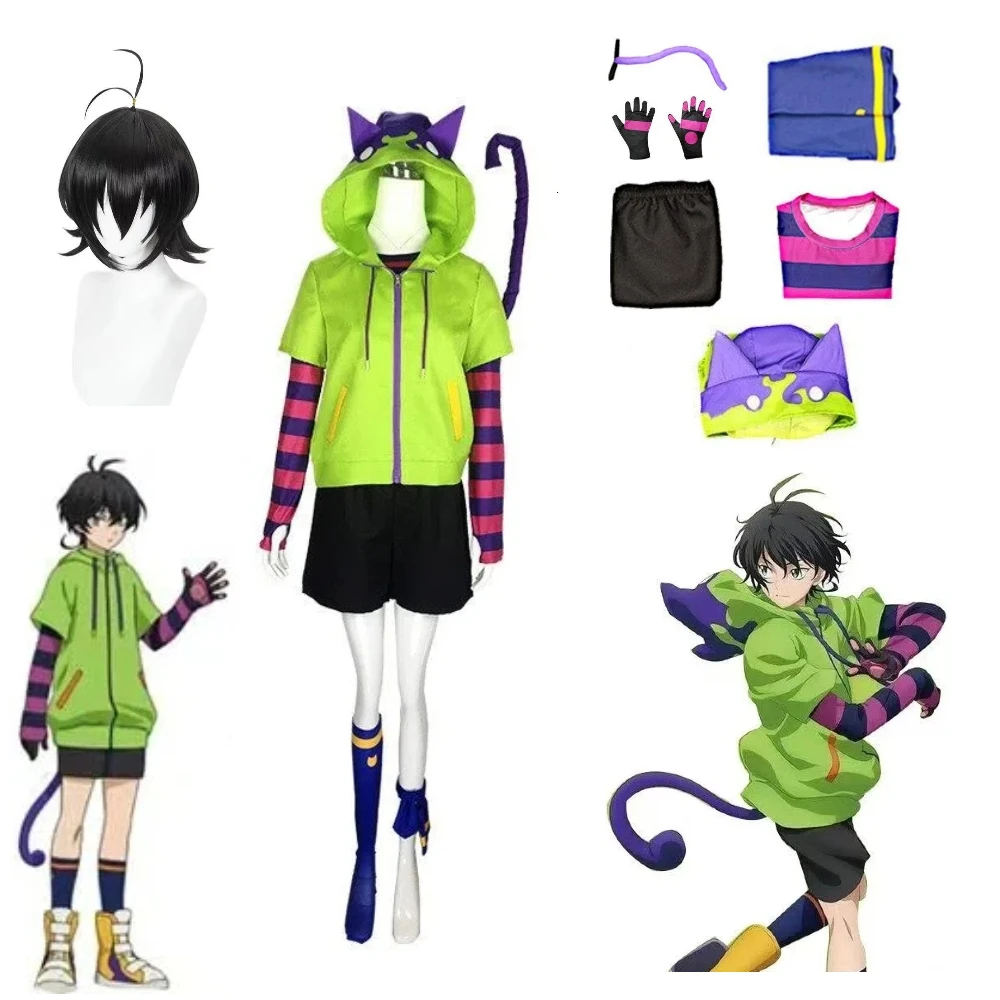 SK8 The Infinity Miya Chinen Cosplay Green Hoodie Set Anime Cat Ear Costume Purple Black Striped Inner Shorts Tail Gloves Suit - view 2