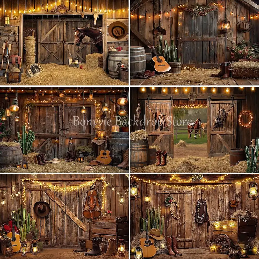 

Bonvvie Country Western Cowboy Theme Birthday Party Decor Background Wooden House Photography Background Banner Photo Props