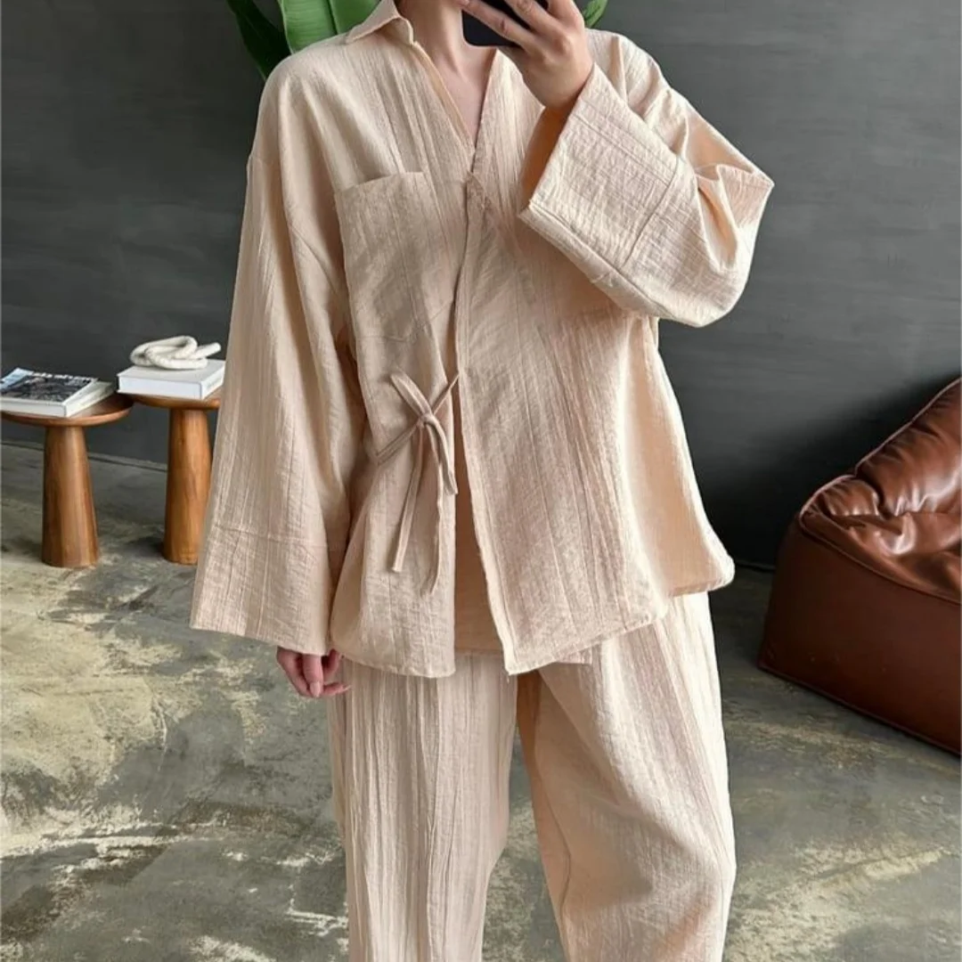 Women\'s Casual Cotton Set 2024 Chic Lace-Up Loose Ladies Shirt With Women Pants Casual Suits Soild Kimono Blouse Pajamas Style
