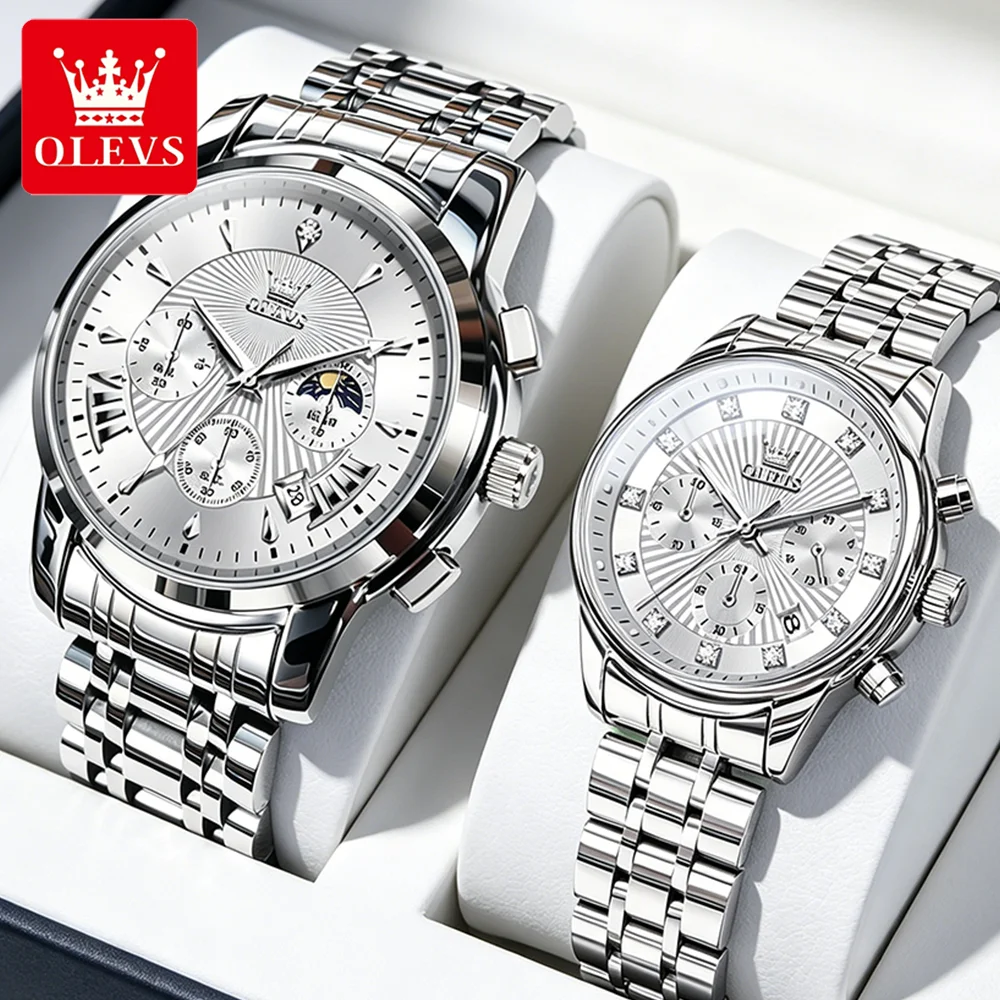 olevs-カップル腕時計トレンドファッションオリジナルクォーツ腕時計恋人用防水発光クロノグラフ男性と女性の腕時計新しい