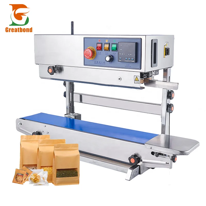FR900 Stainless Steel Continuous Band Sealer Kraft Paper Pouch Adjustable Height Stand Up Plastic Bag Vertical Sealing Machine