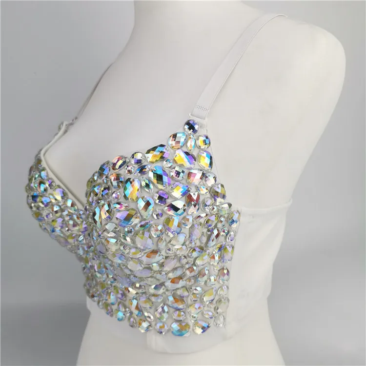 Women Sexy AB Colored Rhinestone Bustier Crop Top Spaghetti Strap Push Up Jewelry Bralette Glitter Club Party Corset Bra Vest