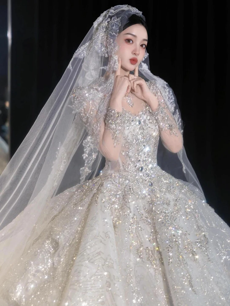 Ruiente-Robe de Mariée à Col Haut, Tenue de Bal de Luxe, Grande Taille, 2024