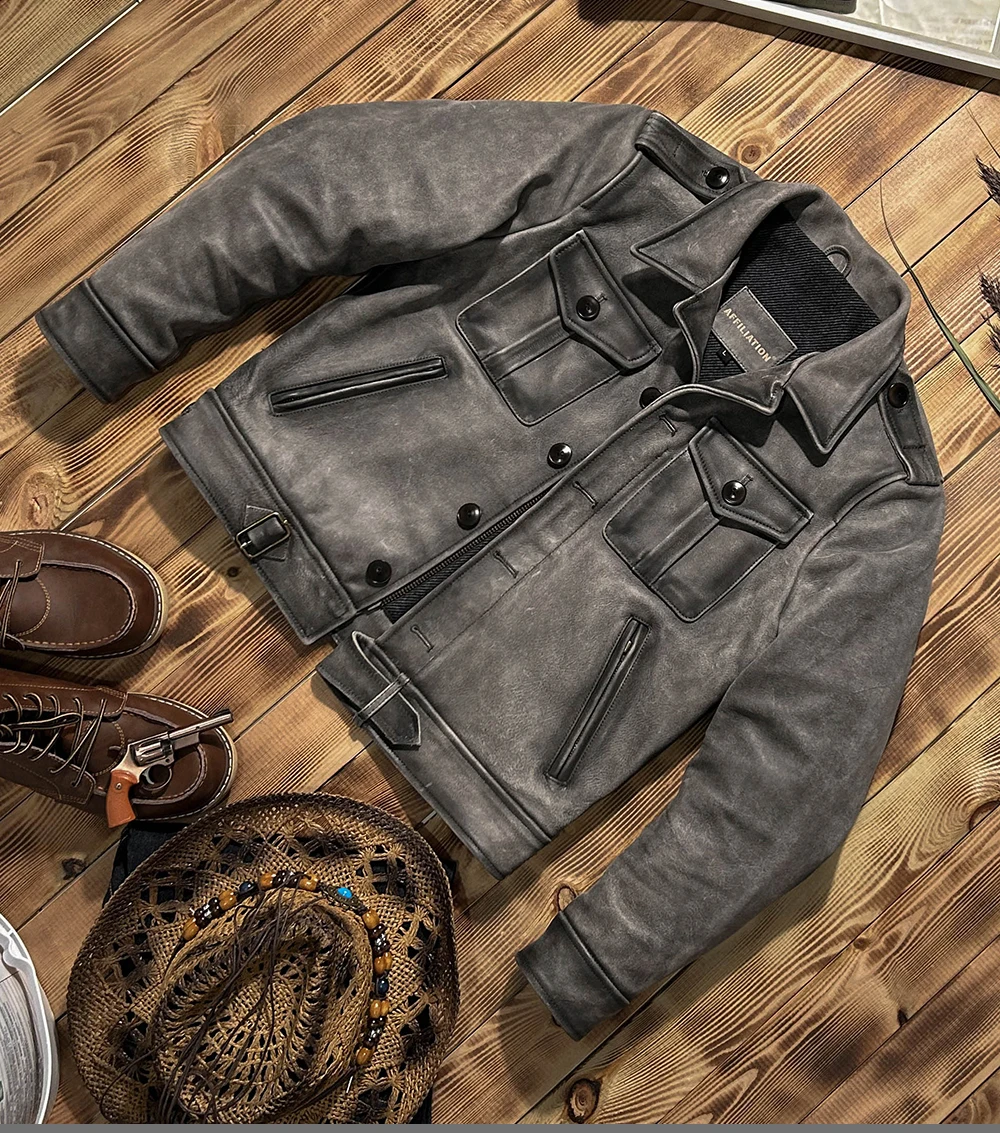 Vintage Grey Autumn Leather Jacket Men Retro Style Plus Size 5XL Genuine Natural Cowhide Short P37 Leather Coat