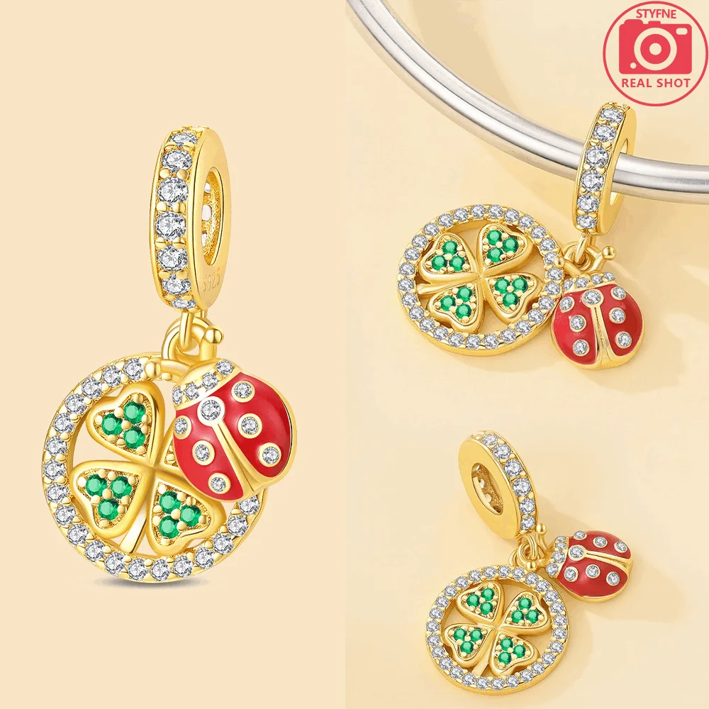 Charms Silver 925 Gold Series Sparkling Red Ladybug Green Clover Green Leaves Charms Fit Bracelet DIY Jewelry Gift