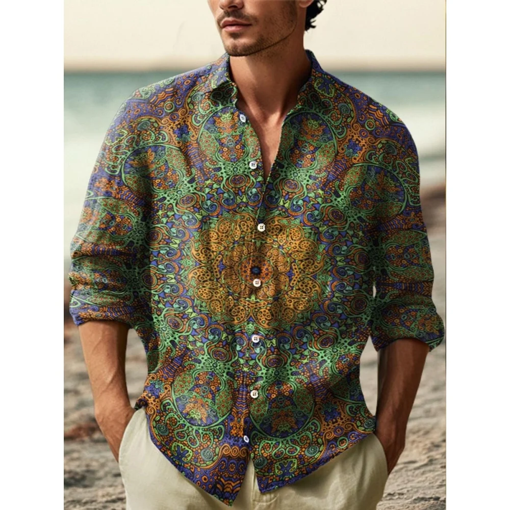 

Hot selling new men's linen long sleeved shirt 3D printed collar button fashionable loose and casual shirt