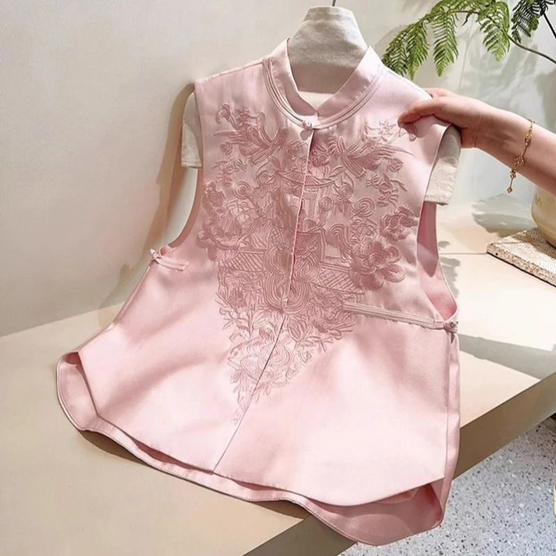 Vintage Sleeveless Vest Top New Chinese Style Pink Embroidery Stand Collar Layered Vests Autumn Temperament Women's Clothing