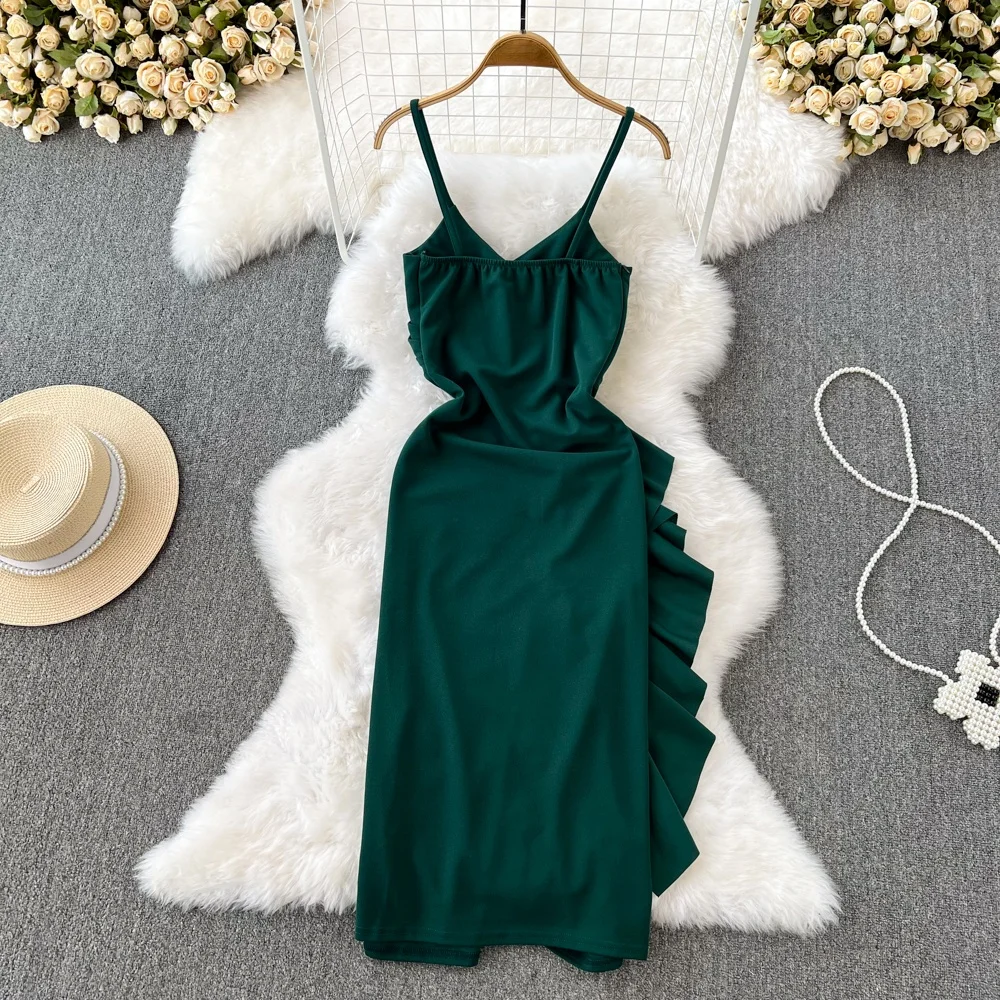 ハイウエストストラップロングドレスセクシー細身ベルスリットボディコンドレス韓国風VネックAラインミディドレス