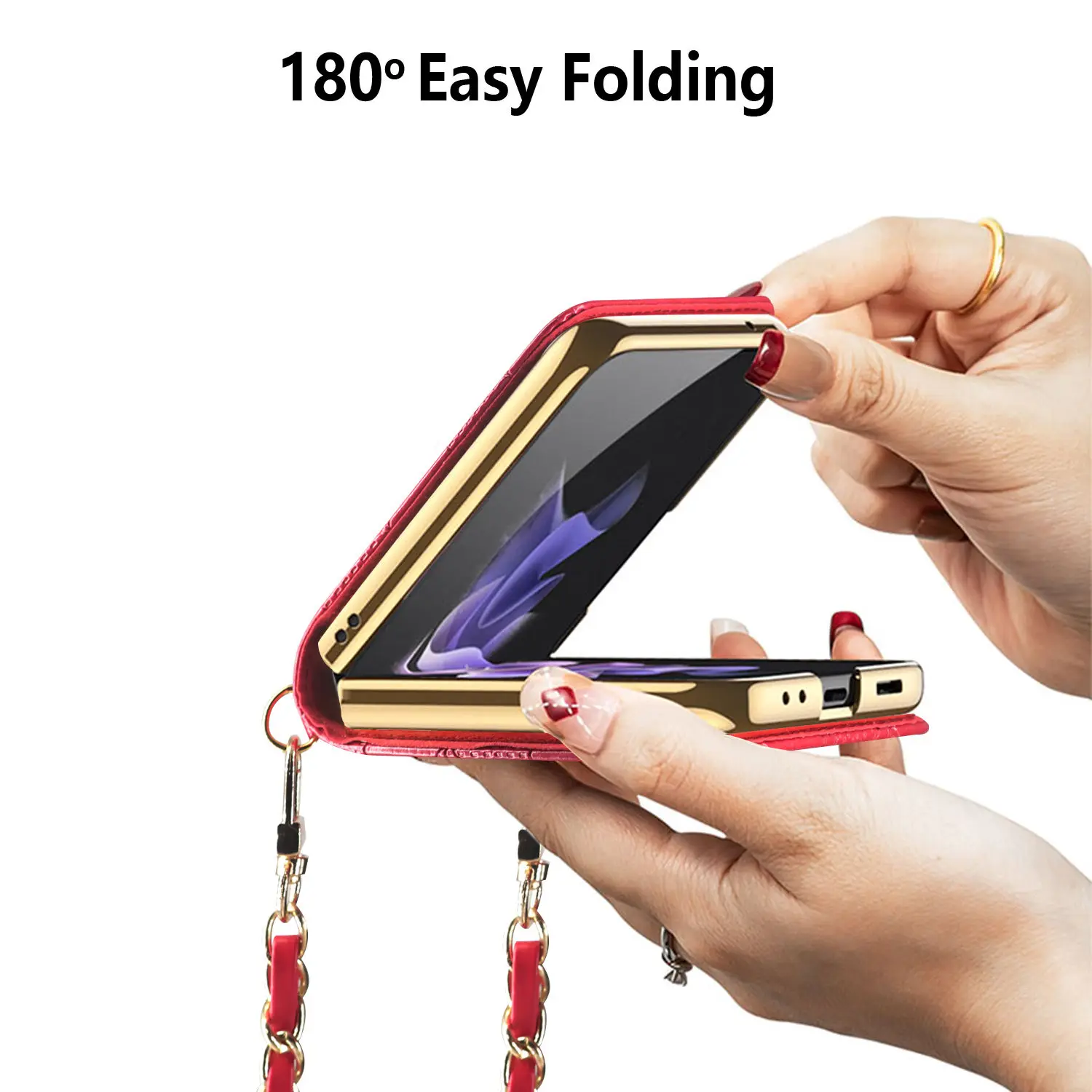 Fashionable Leather Case for Samsung Galaxy Z Flip 4 5G with Crossbody Chain Lanyard Ultra-Thin Cover for Galaxy Z Flip 3