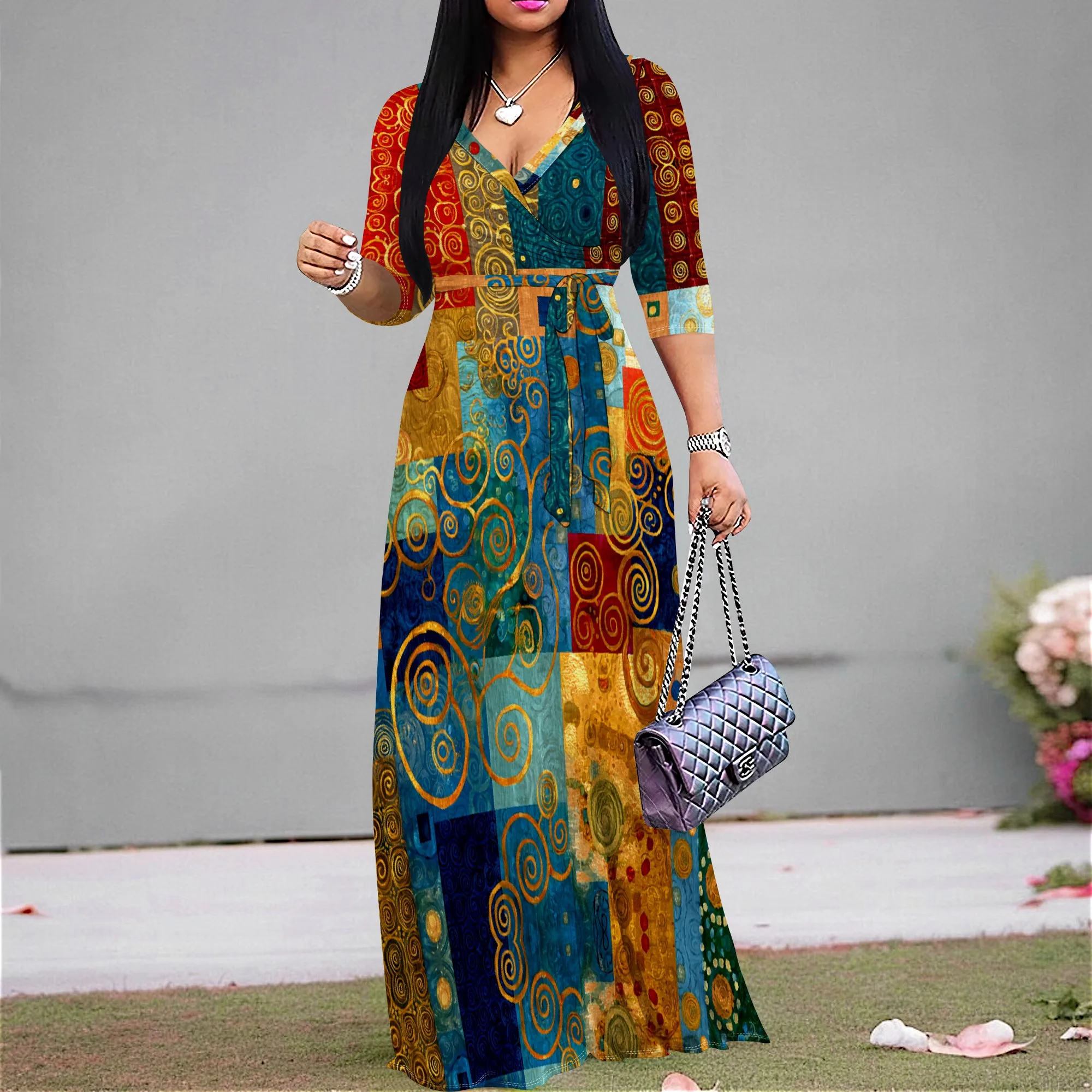 

Women's Artistic Print Maxi Dress V-Neck Elegant Wrap Party Sundress XS-3XL
