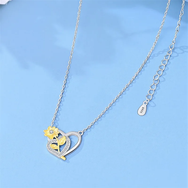 

925 Sterling Silver Sunflower Love Necklace Sparkling CZ Zircon High Quality For Women Fine Birthday Anniversary Jewelry Gifts