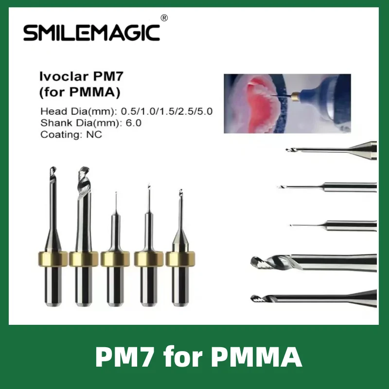 

Ivoclar PM7 Dental Milling Burs for Grinding PMMA NC Coating D6 Drill Diameter 5.0 2.5 1.5 1.0 0.5mm Dental Lab Griding Tools