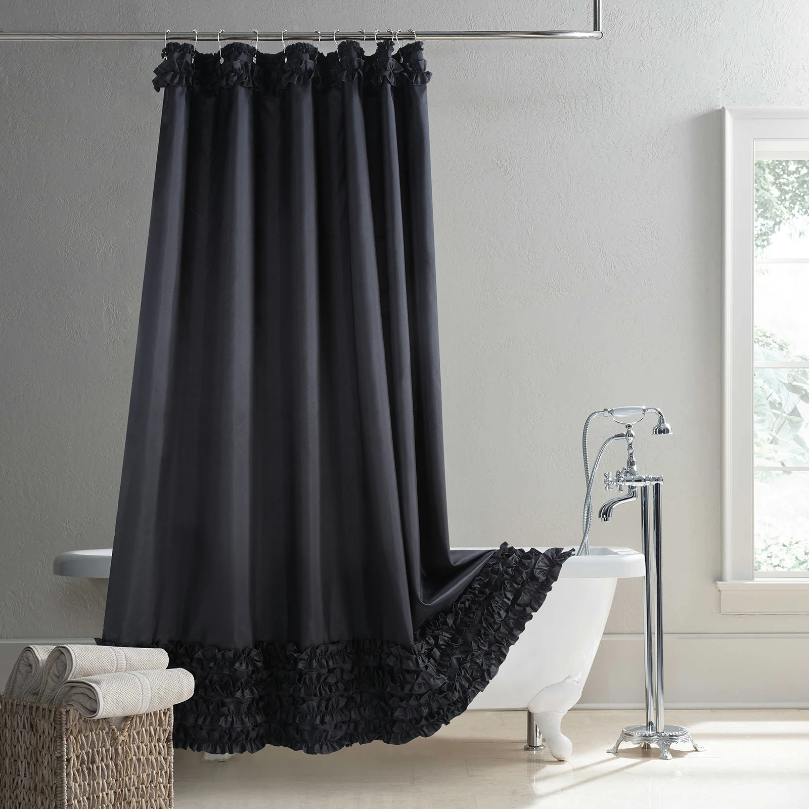 Ruffled Black Modern Polyester Waterproof Fabric Solid Decoratived Farmhouse Shower Curtain