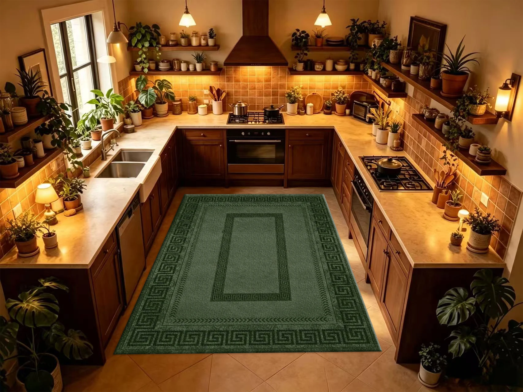 Green Greek Key Border Square Area Rug Vintage Distressed Geometric Printed Floor Carpet for Living Room Bedroom Home Decor