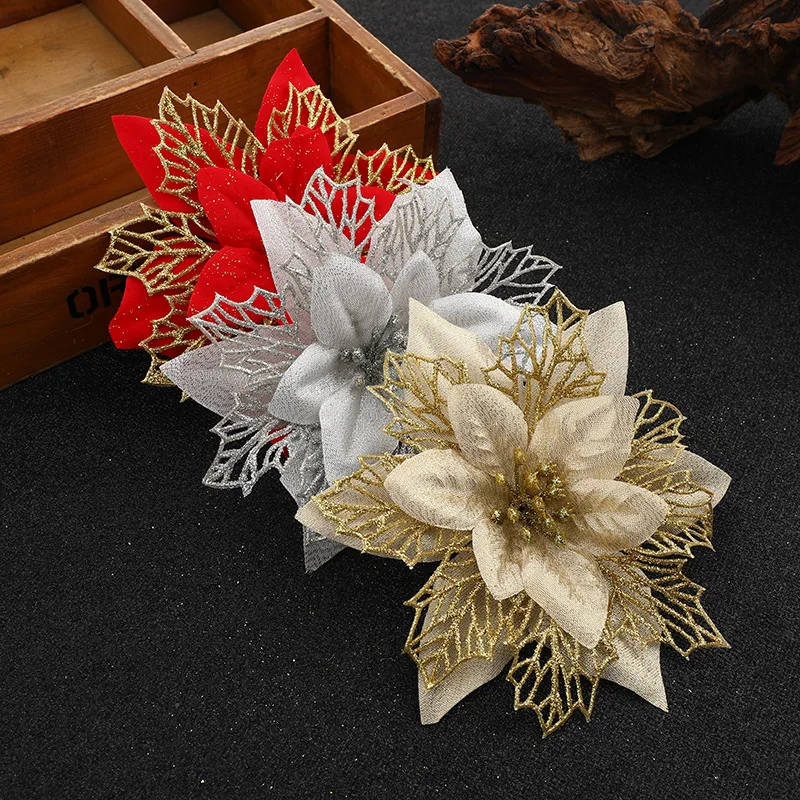 5-20 قطعة عيد الميلاد الزهور الاصطناعية بريق شجرة عيد الميلاد زخرفة الذهب الأحمر البونسيتة زهرة رئيس المنزل السنة الجديدة الطرف الديكور #5