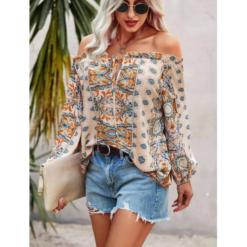 

Retro Ethnic Style Floral Print Shirts Fashion Autumn Slash Neck Off-The-Shoulder Ruffle Shirt Women's Long Sleeve Bohemian Tops