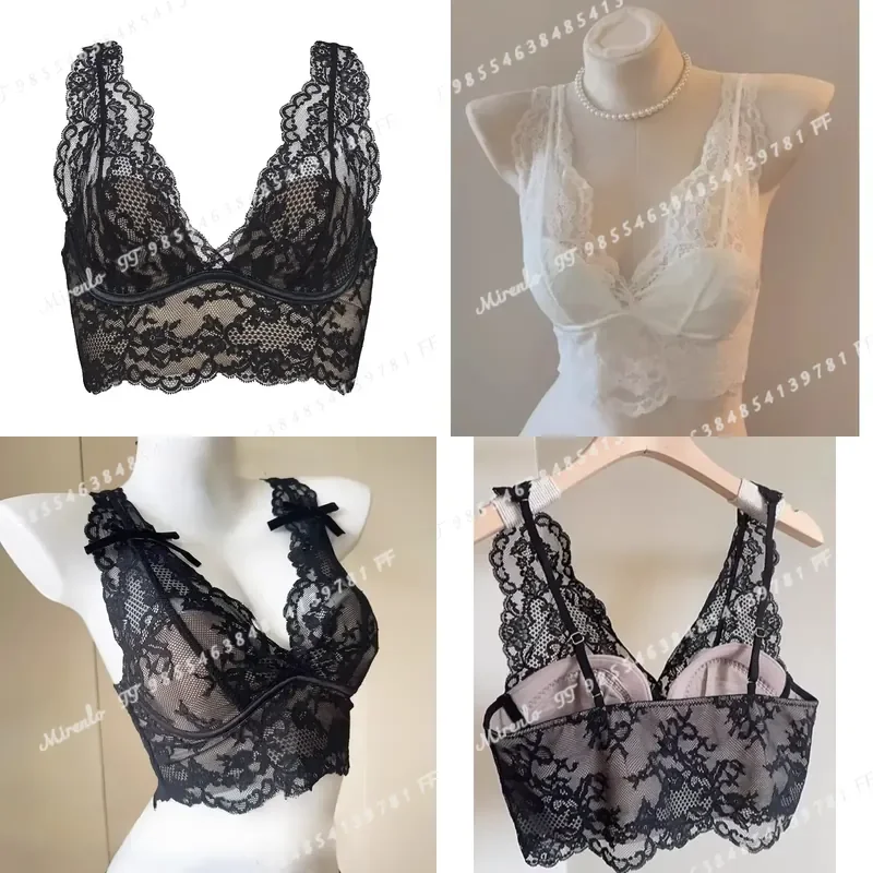 Women French Lace Bralette Push Up Gathering No Underwire Backless Bra Set Sheer Lingerie Outerwear Camisole Summer Tops S-XL
