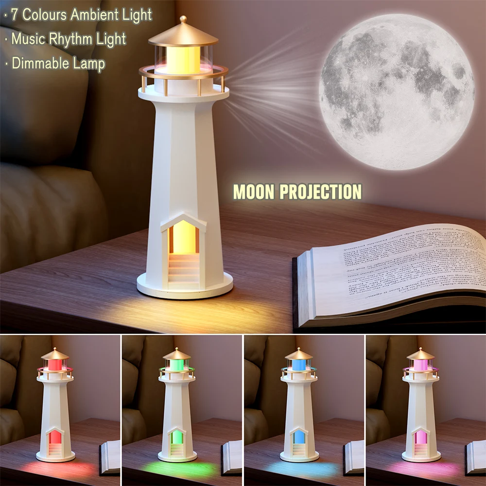 Bluetooth Speaker Night Lamp Wireless Charger Atmosphere Lights Moon Projection Lighthouse Lamp For Home Decor Xmas Holiday Gift