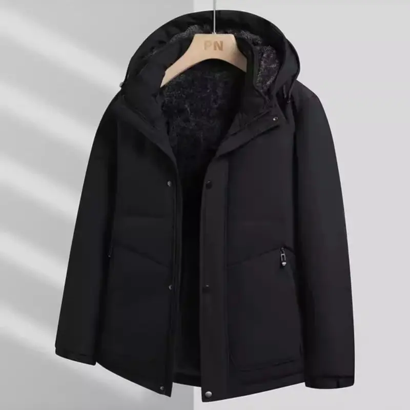 Men's Thickened Cotton-Padded Jacket Warm Fleece Lined Removable Cap for Autumn Winter Business Casual Middle-Aged And Elderly