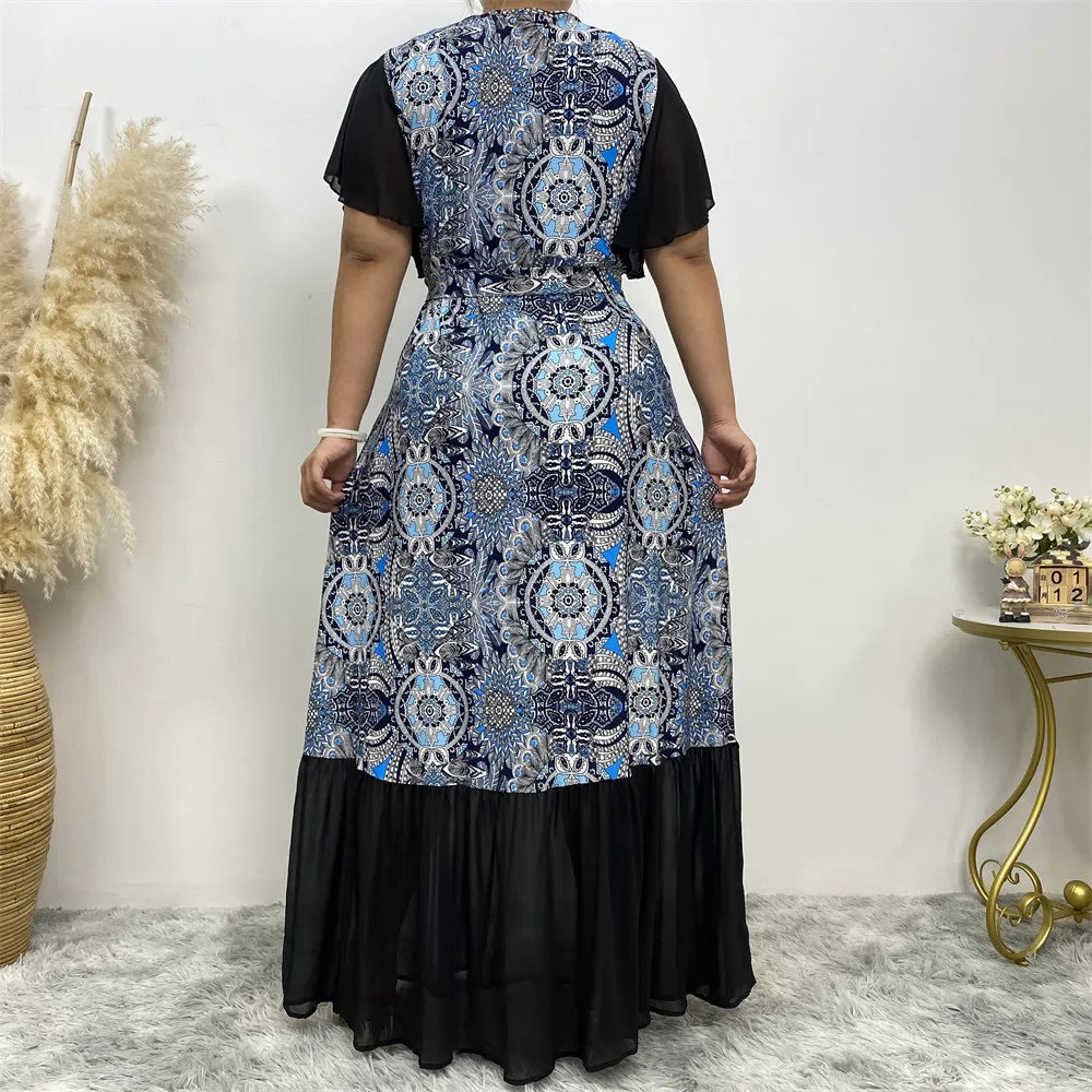 Muzułmański garnitur elegancki Abaya Africa plus size moda Dubai długa z nadrukiem krótki rękaw patchworkowa sukienka długa marońska