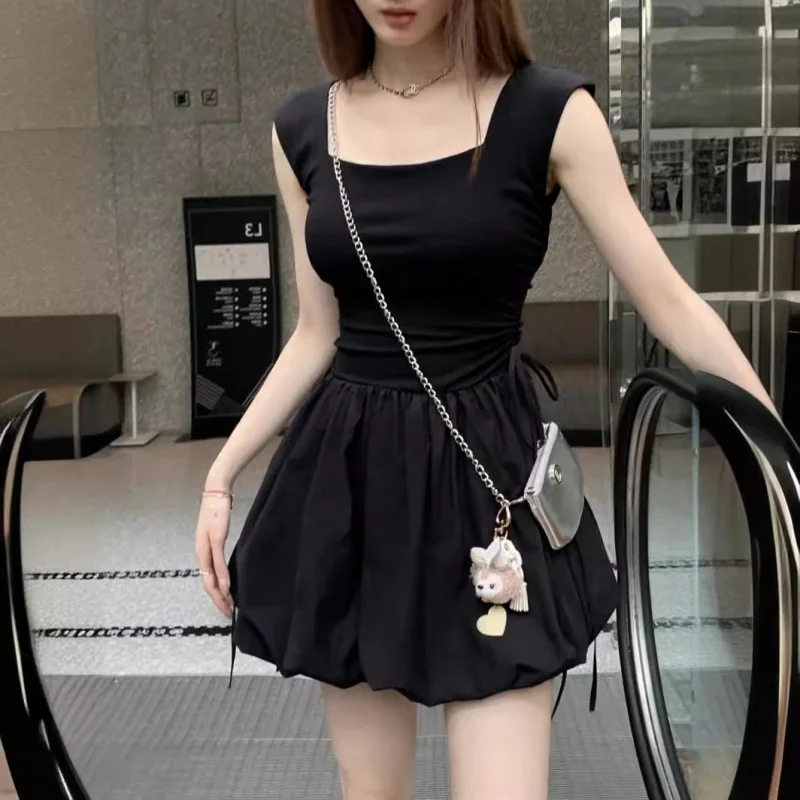 الباليه نمط ساحة الرقبة الرباط التعادل نفخة فستان صيف جديد فتاة حلوة الخصر مقصوص سترة فستان قصير