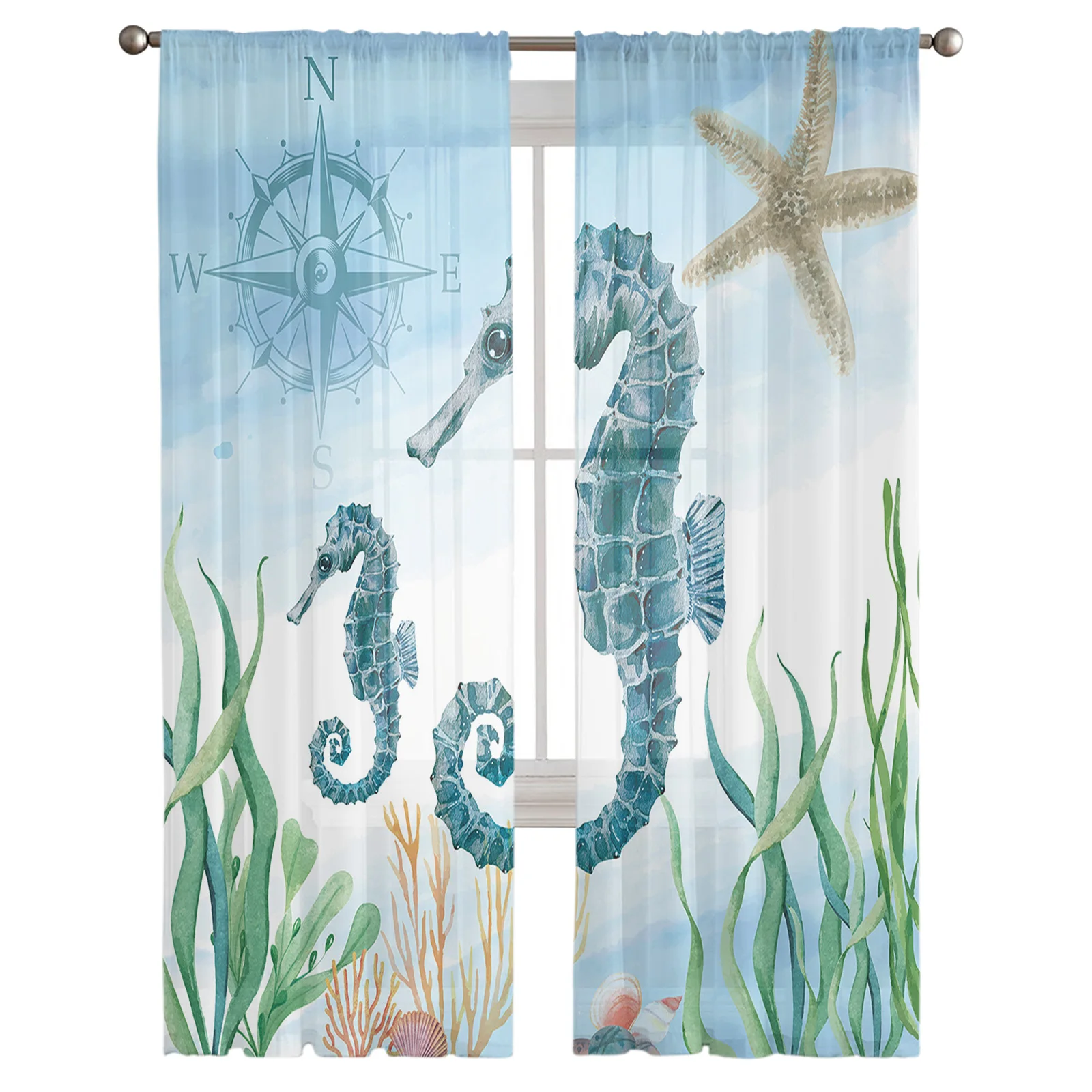 Marine Animal Hippocampus Seaweed Compass Tulle Curtain Voile Transparent for Bedroom Living Room Kitchen Sheer Window Curtains