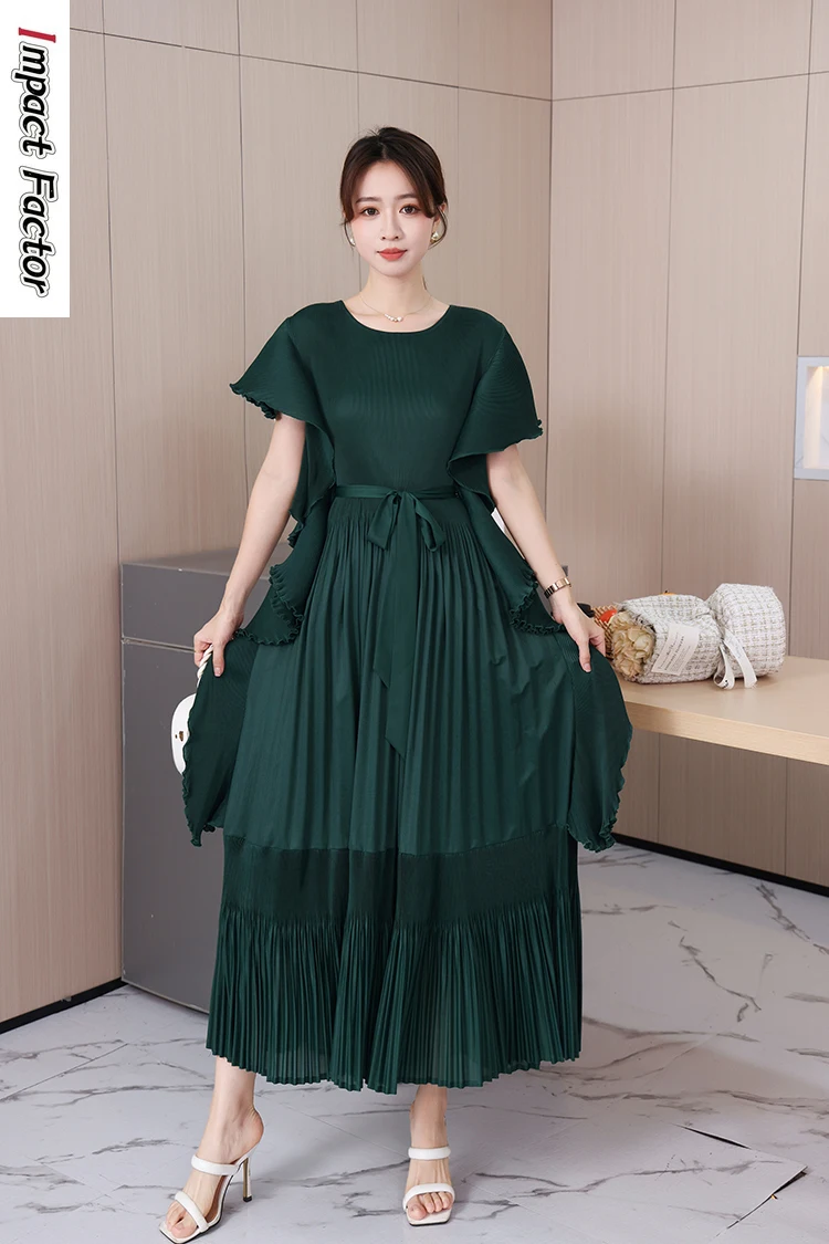 

IF Fashion Ruffles Pleated Dress for Women Round Collar short Solid Color Spliced Design Elegant Clothing 2024 New