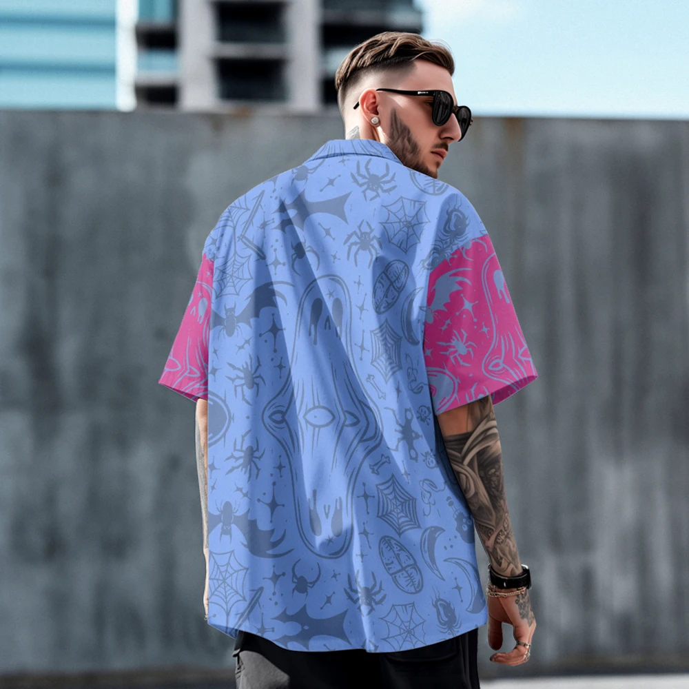 Simple style casual men's short-sleeved shirt summer loose features niche pink blue design lapel T-shirt top