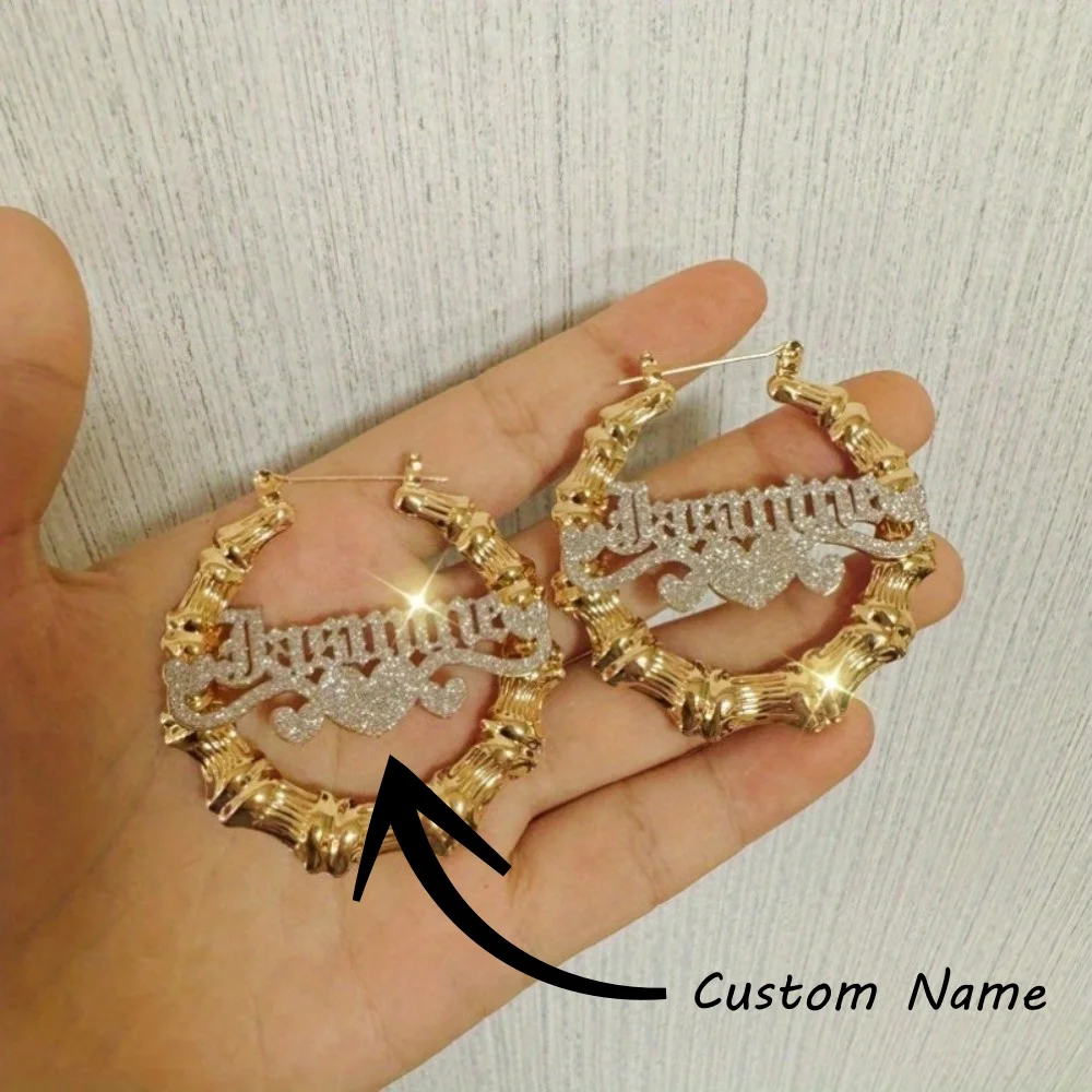 

Customized Name Bamboo Earrings Personalized Stainless Steel Bling Name Earrings Colorful Big Hoops Earring Women Jewelry Gifts