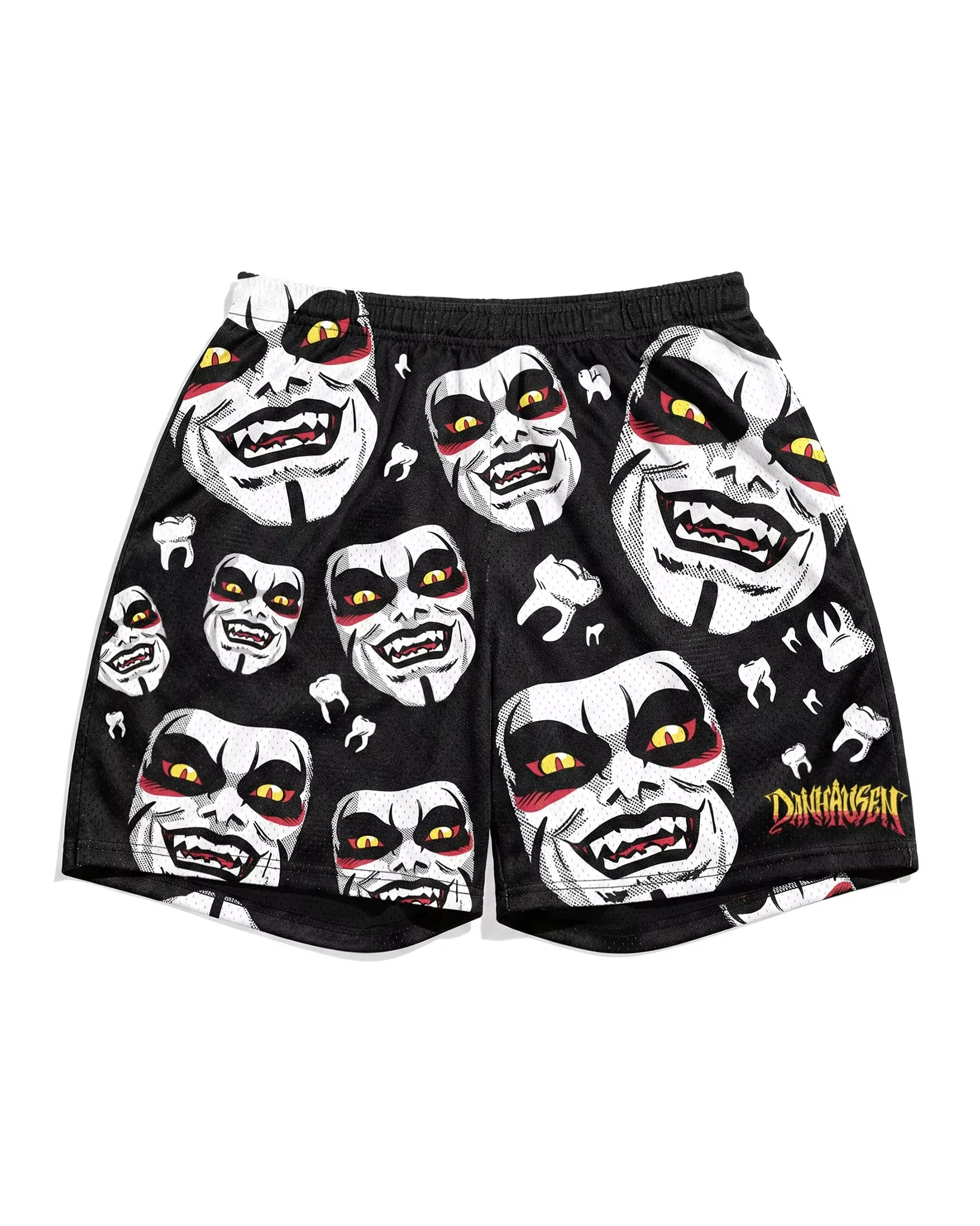 2026 Men's New Danhausen Cursed Theme Mesh Shorts Horror Clown Tooth Full Print Family Matching Quick Dry Athletic Short Pants