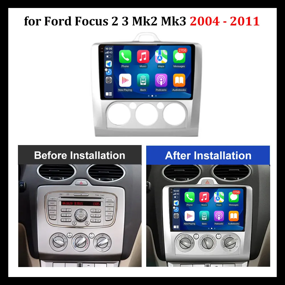 Radio Multimedia con GPS para coche, reproductor con Android OS, 9 pulgadas, pantalla HD, BT, WiFi, inalámbrico, Carplay, para Ford Focus 2, 3, Mk2, Mk3, 2004 - 2011