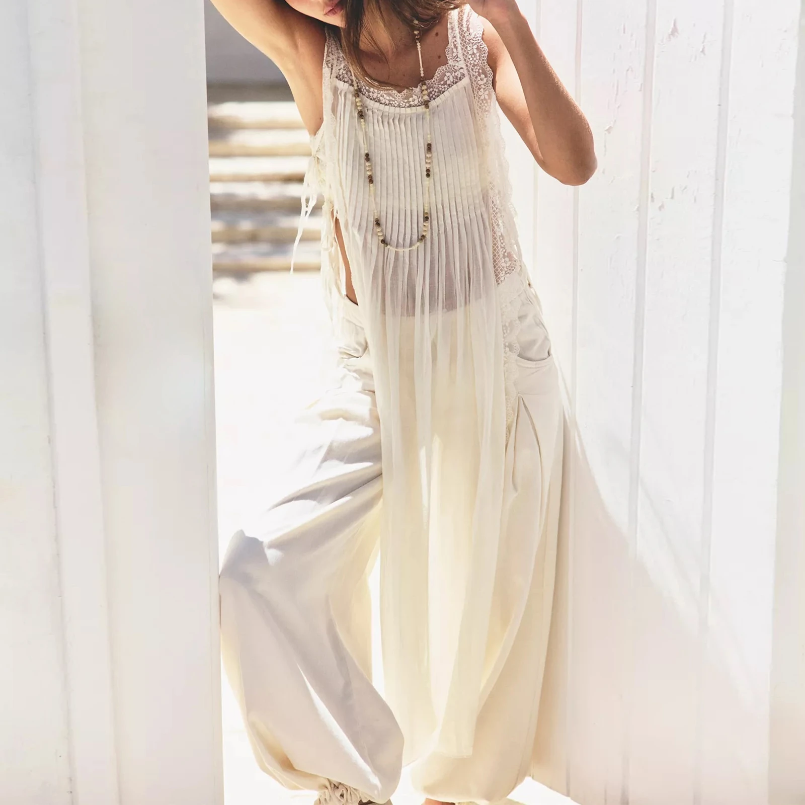Womens Sheer Lace Trim Maxi Tops Sleeveless Side Tied Split Long Coverups Lightweight Smocked Pleated Bust Chic Tank Apron