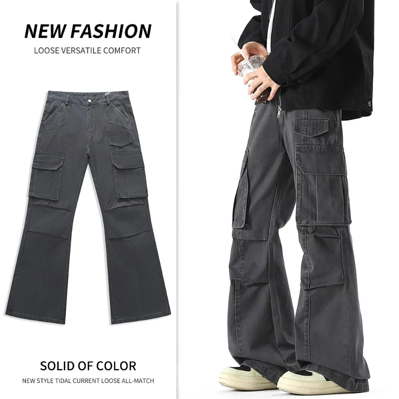 

2025 New Large Size American Street Style Casual Loose Flared Jeans Tall Slimming Unisex Multi-Pocket Cargo Washed Pants