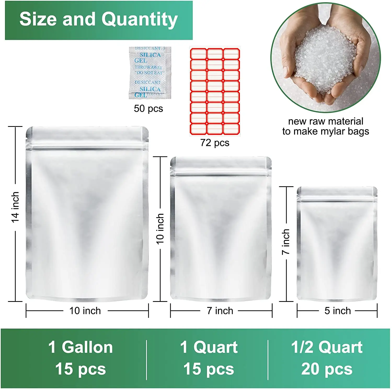 50 Pack Mylar Bags for Food Storage with Oxygen Absorbers Mylar Storage Bags Resealable Bags for Grains Legumes