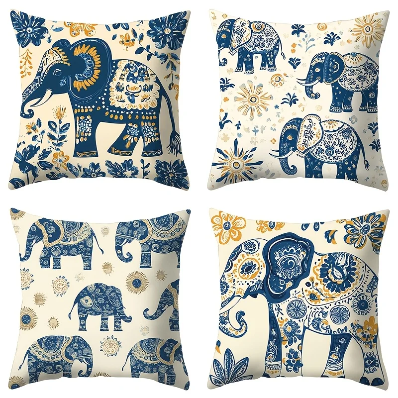 Juego  4 fundas  estilo bohemio con diseño  elefante y flores, disponibles en tamaños  40.64X40.64 cm, 45.72X45.72 cm y