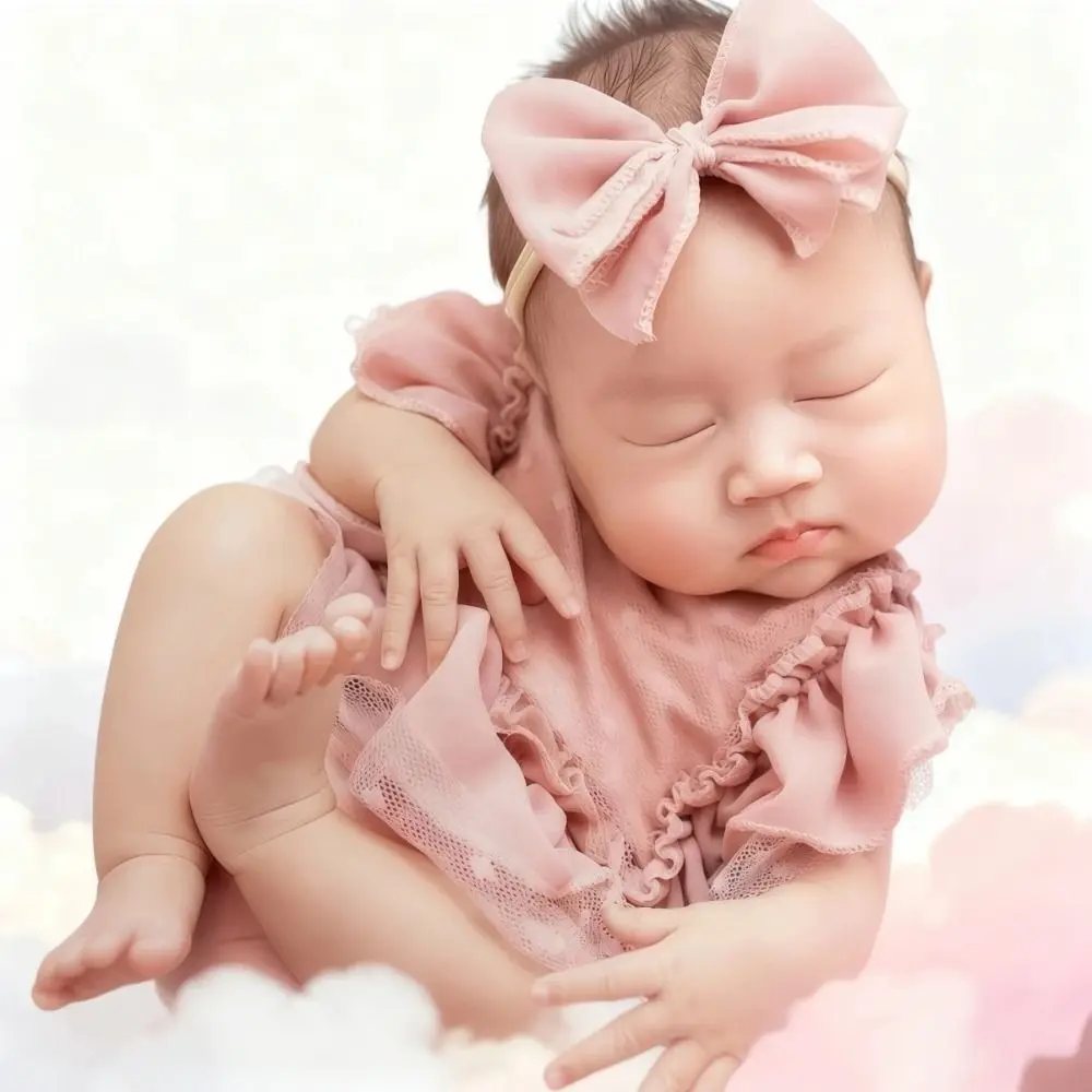 

Милый комбинезон для новорожденных с кружевными деталями, пыльно-розовый, с бантом и повязкой на голову, для фотосессий, из шифона