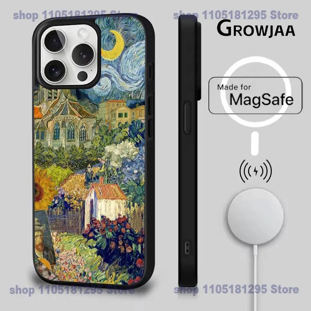 해바라기 아트 V-반 고흐 폰 케이스 아이폰 17,16,15,14,13,12,11,프로,맥스,플러스,미니,SE4,E용 마그네틱 맥세이프 무선 충전