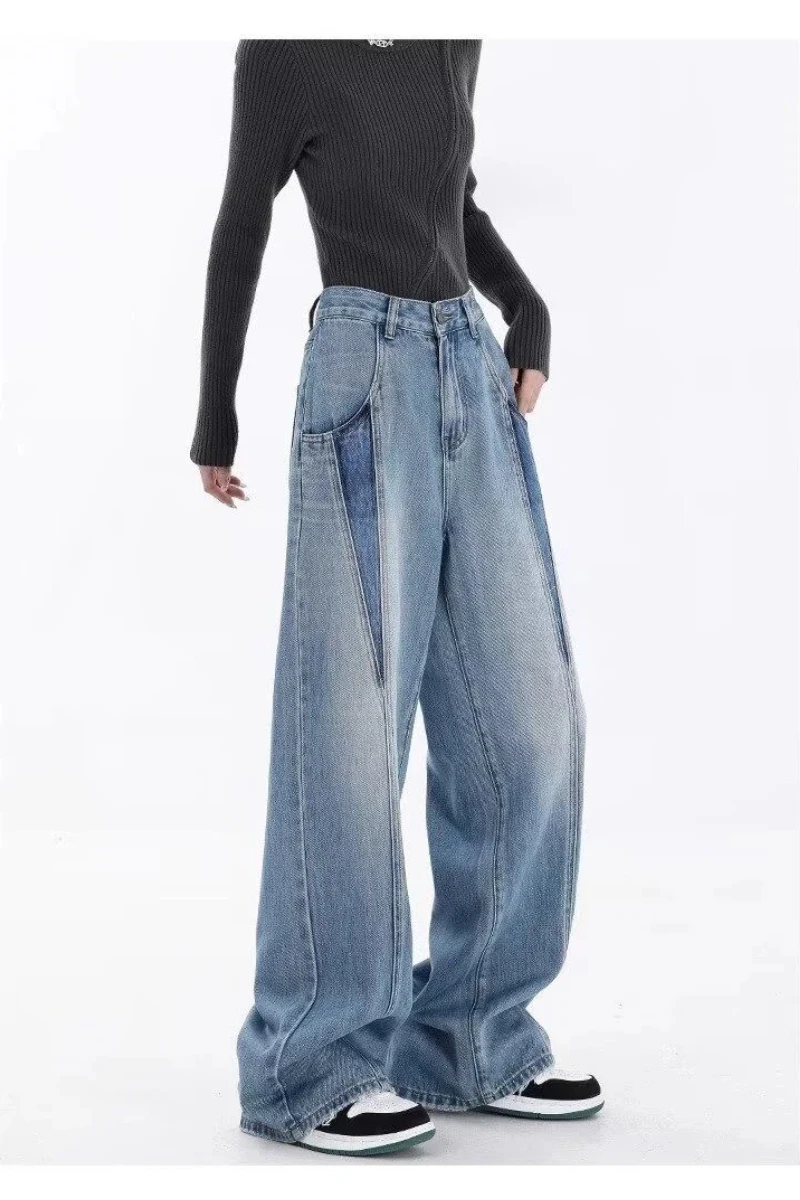 Women's Straight Trousers, American Style, HighEnd, Patchwork Design, Loose Fit, Street, Wide Leg, Draping, Versatile, Y2k
