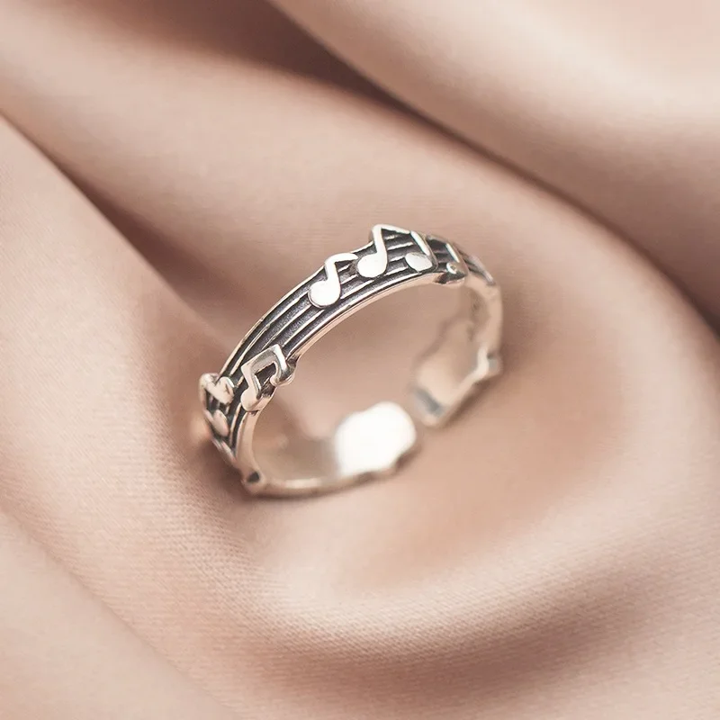 Vintage Thai Silver Note Five-line Music Score Ring for Women Girls Fashion Personality Party Accessories 2024 Trend New Jewelry