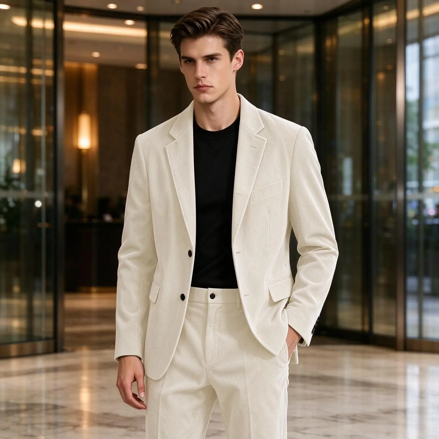 Men Corduroy 2 Piece Suit Set Lapel Collar Two‑Button Blazer Pants Business Casual Male Outfit For Party Dating Office