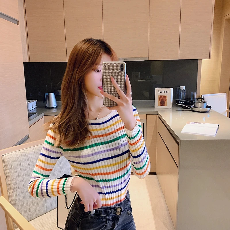 

Autumn Colorful Striped Sweater for Women Fashion Korean Bottoming Shirt Slim O-neck Lady Sweaters Spell Color Knitwear